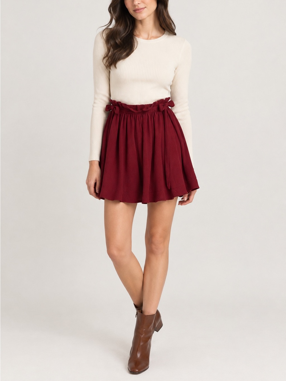 Woman's Burgundy Ruffled Waist Skater Skirt